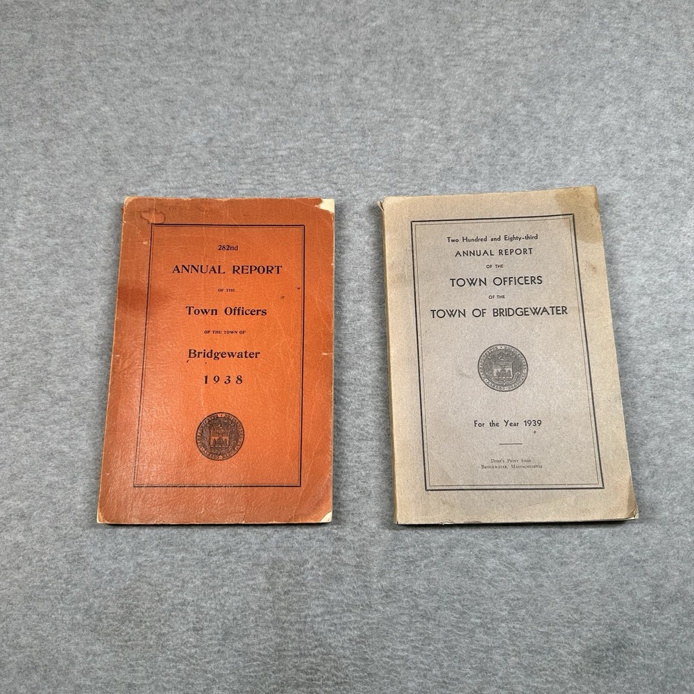 Lot Of 2 Town‎ Reports 1938 1939 Bridgewater MA Some Discoloration 38 Ripped Cvr